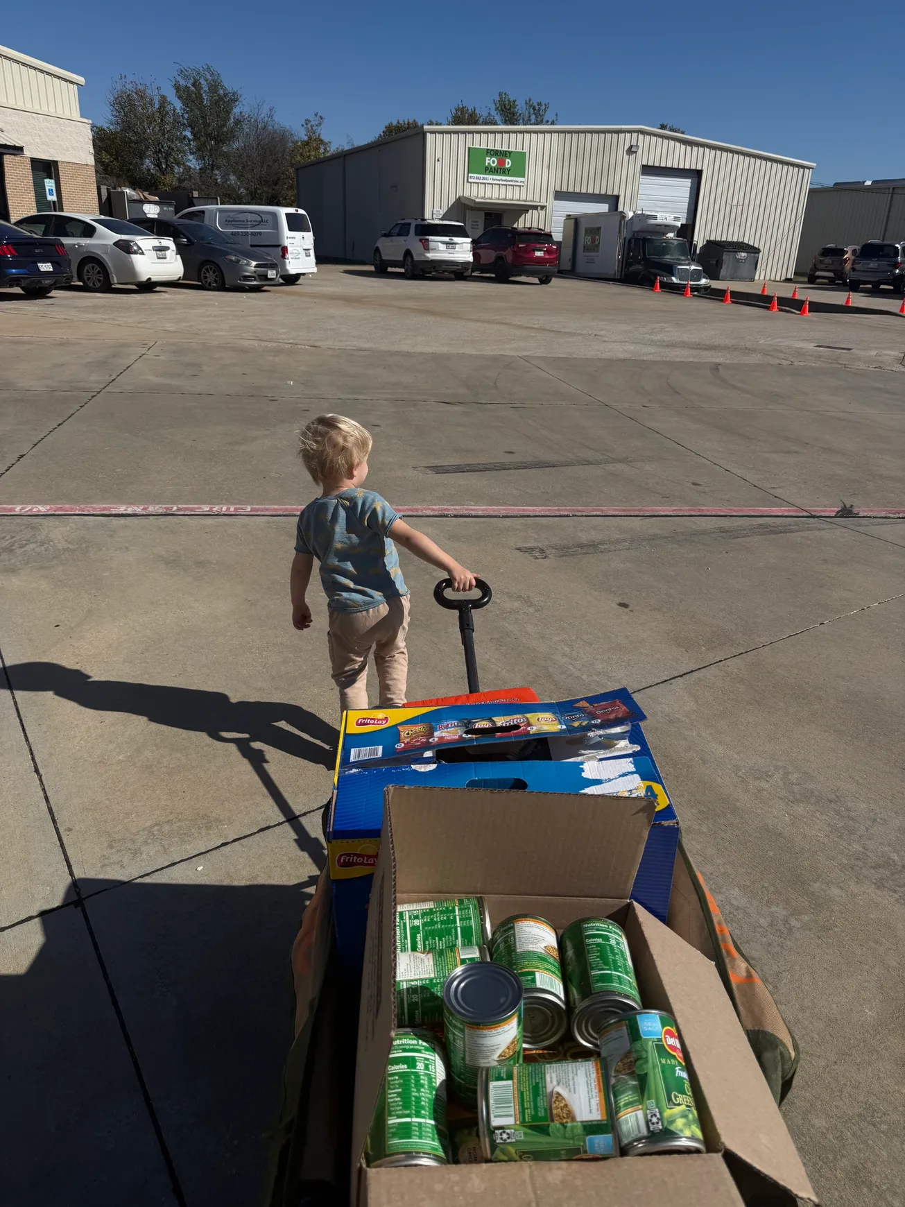 Nolan wheeling a wagon of canned goods to donate